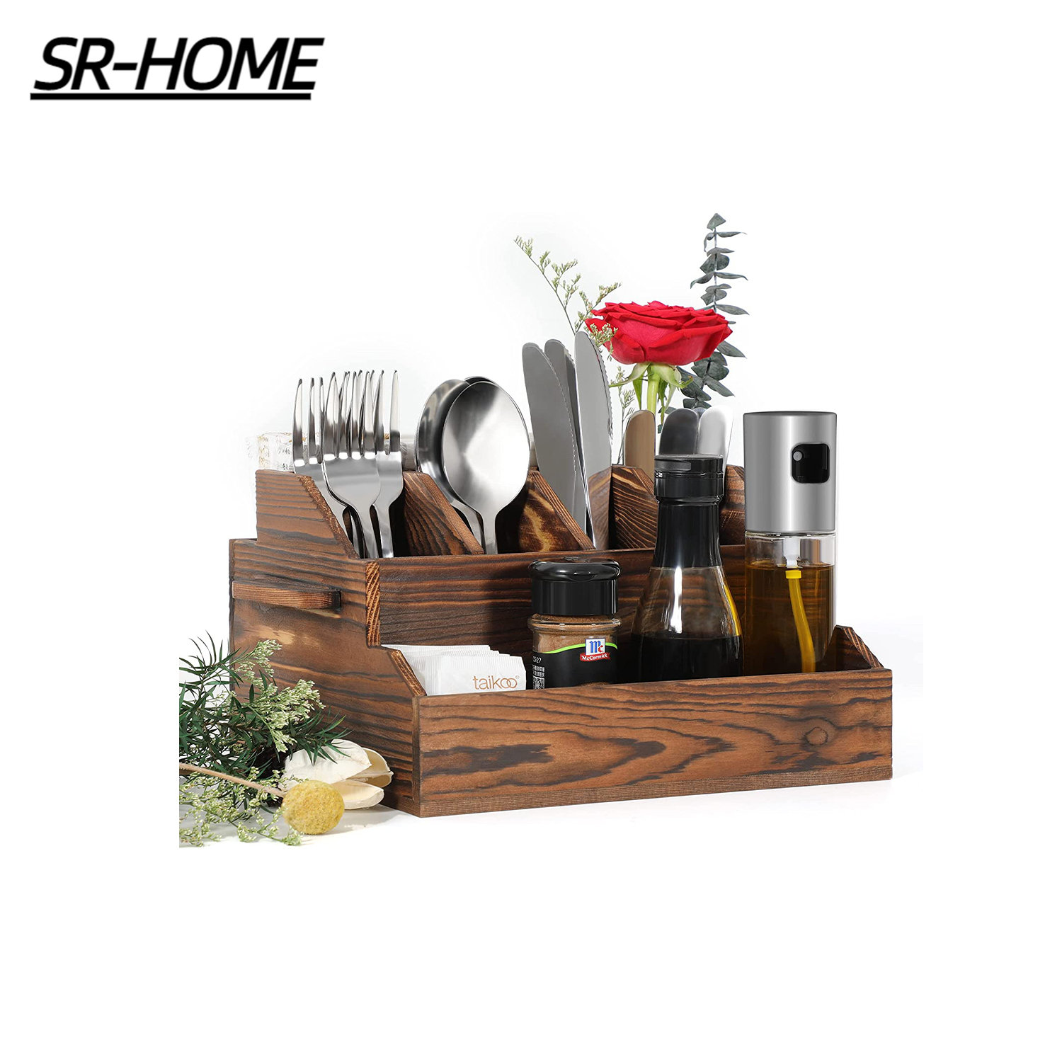 SR-HOME Silverware Organizer With Lid For Drawer, Plastic Utensil Holder  For Countertop, Flatware Storage Cutlery Tray With Cover 5 Compartments
