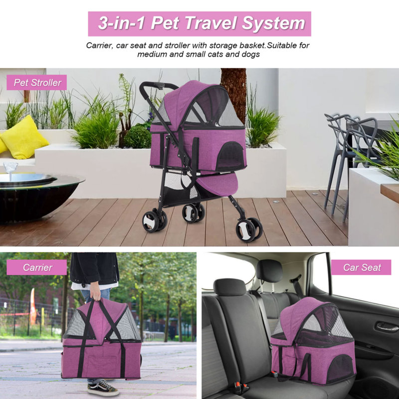 Purple 3-in-1 Stainless Steel Pet Stroller with Detachable Carrier