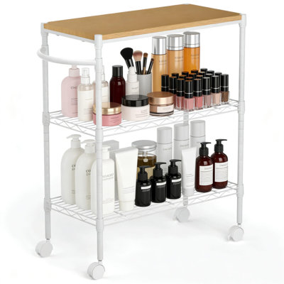 3-Tier Rolling Kitchen Cart With Lockable Wheels And Adjustable Shelves, Heavy-Duty Metal Storage Cart With Wood Top For Indoor And Outdoor Organization