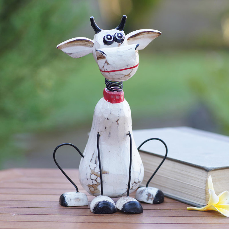 Handmade White and Black Albesia Wood Donkey Figurine with Iron Legs