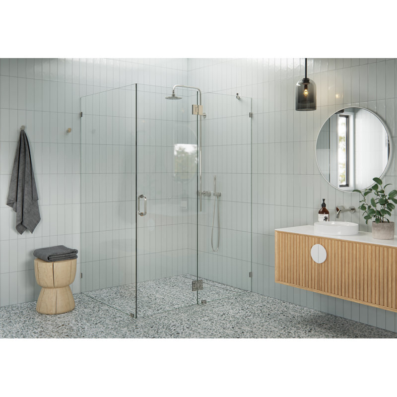 Halo 55 in. x 42 in. x 78 in. 90-degree Fully Frameless Glass Hinged Shower Enclosure, Polished Nickel