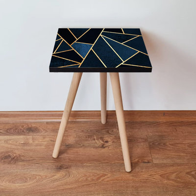 Table d'appoint moderne avec pieds en bois de hêtre, bleu marine et or, 13,8 x 16,5 x 13,8 pouces | 100% panneau de fibres à densité moyenne, épaisseur: 0,7 pouce | Conception géométrique élégante parfaite pour le salon et la chambre à coucher, pièce décorative durable et élégante