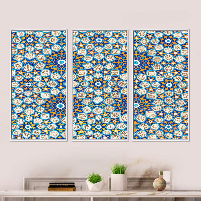Motif géométrique bleu et bleu, ensemble d'art mural moderne sur toile encadrée, H 28 po x l 36 po x P 1 po, Cadre blanc