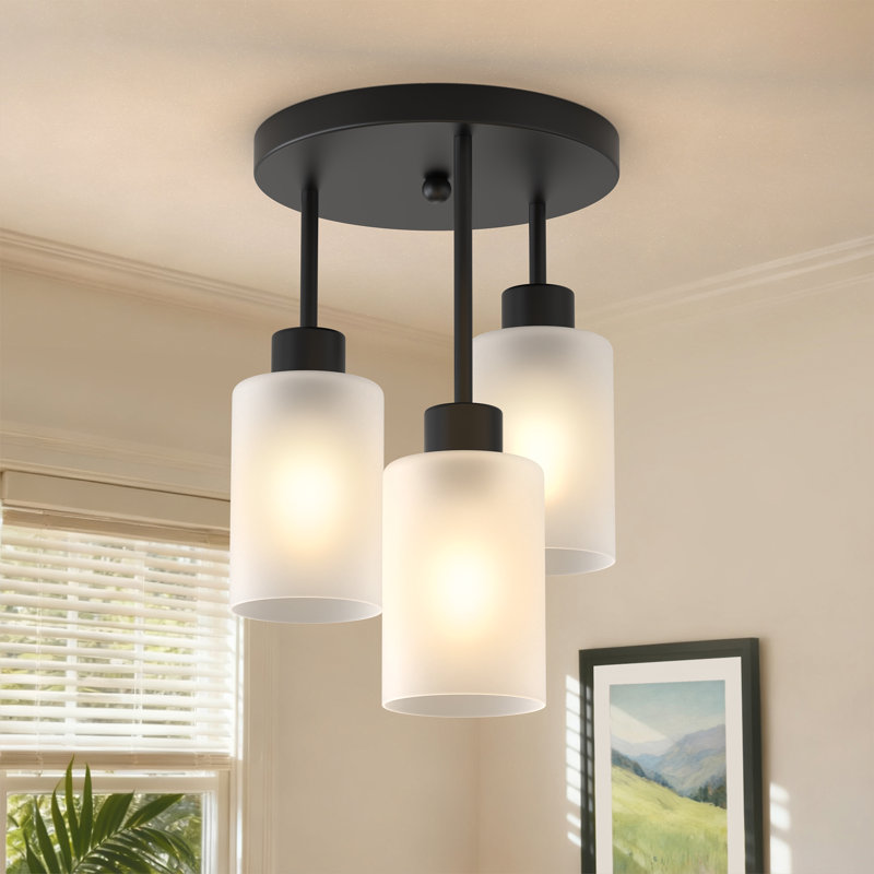 3-Light Black Cylinder Flush Mount Ceiling Light With Clear Glass
