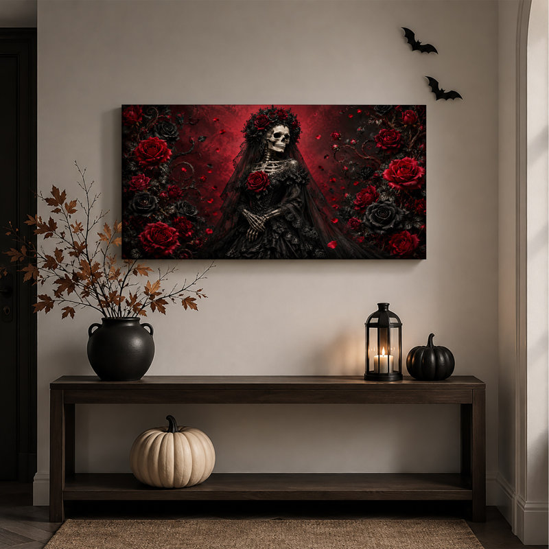 Figurine de squelette gothique en dentelle noire et rouge, toile murale d'Halloween, 58“W x 28”H