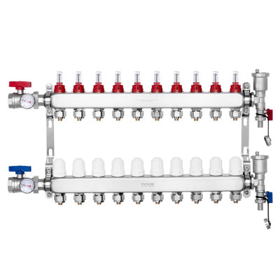10-Branch Radiant Heat Manifold, 1/2" PEX Tubing Manifold, Stainless Steel PEX Manifold For Hydronic Radiant Floor Heating, Radiant Heat PEX Manifold Kit With 1/2" Adapters Included