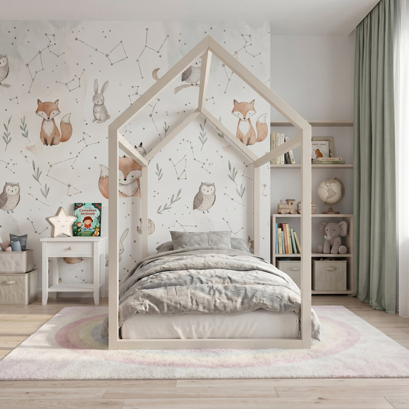Rosa Solid Wood Kids Canopy Bed Frame, Twin, Antique White