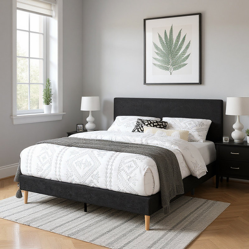 Upholstered Platform Bed, Black, Queen