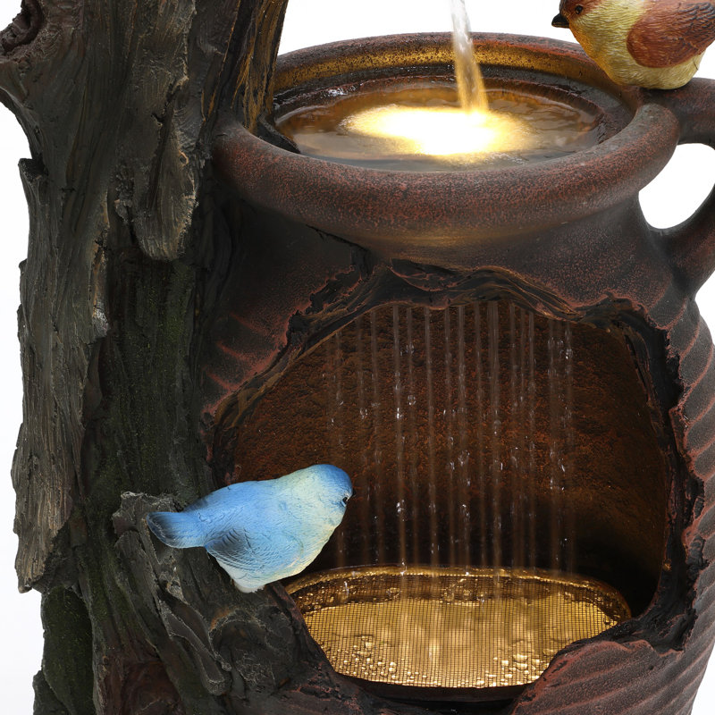 Rain Barrel Pot with Tree and Birds 2.5-Feet Tall Outdoor Polyresin Fountain with Light