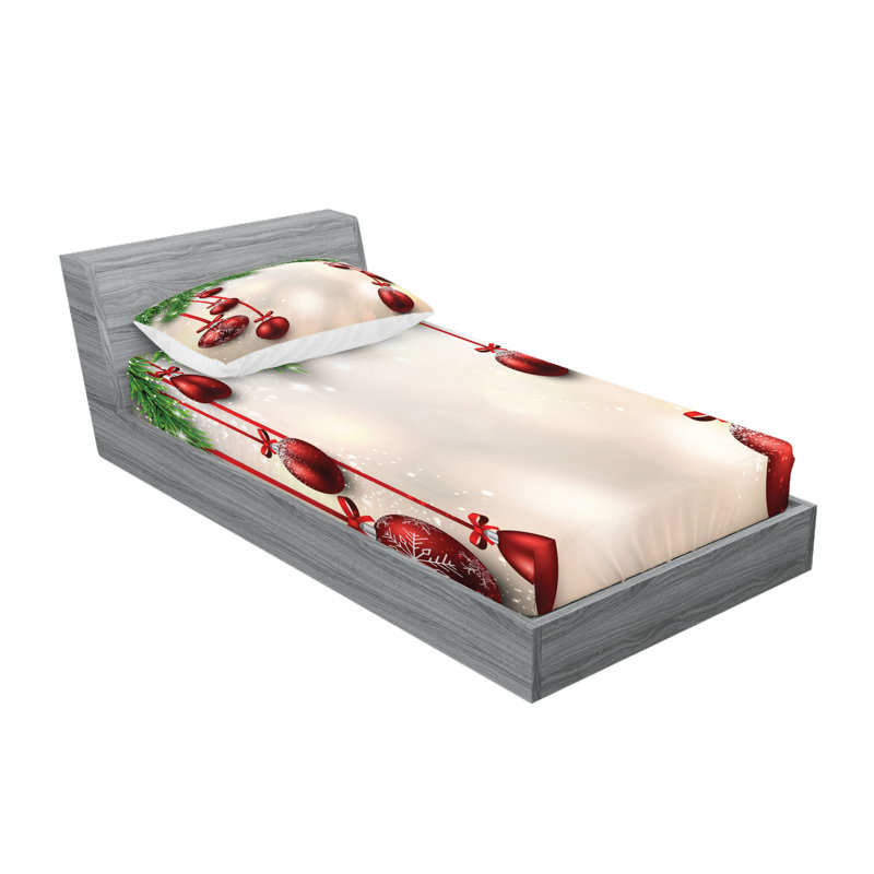 Ambesonne Christmas Fitted Sheet & Pillow Sham , Green and Red, TwinXL Sheet Set + 2 Pillowcases
