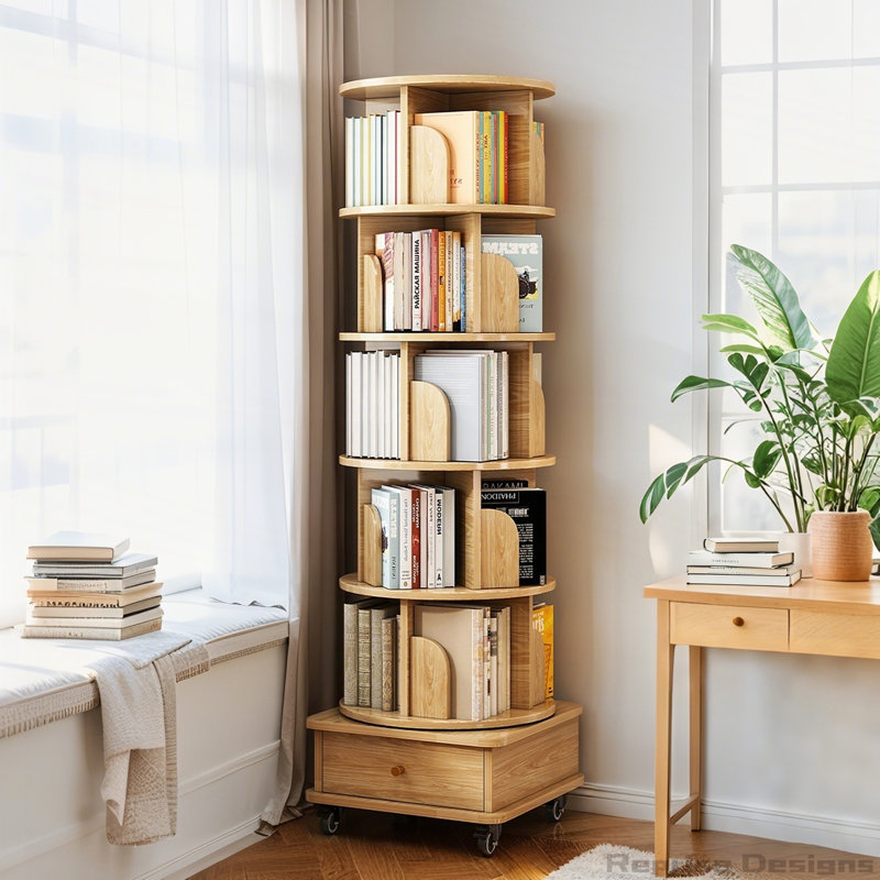 360° Display Round Spinning Rotating Bookshelf with Wheels and Drawer, (6 Shelves) 68.11"H x 18.11"W x 18.11"D, Oak