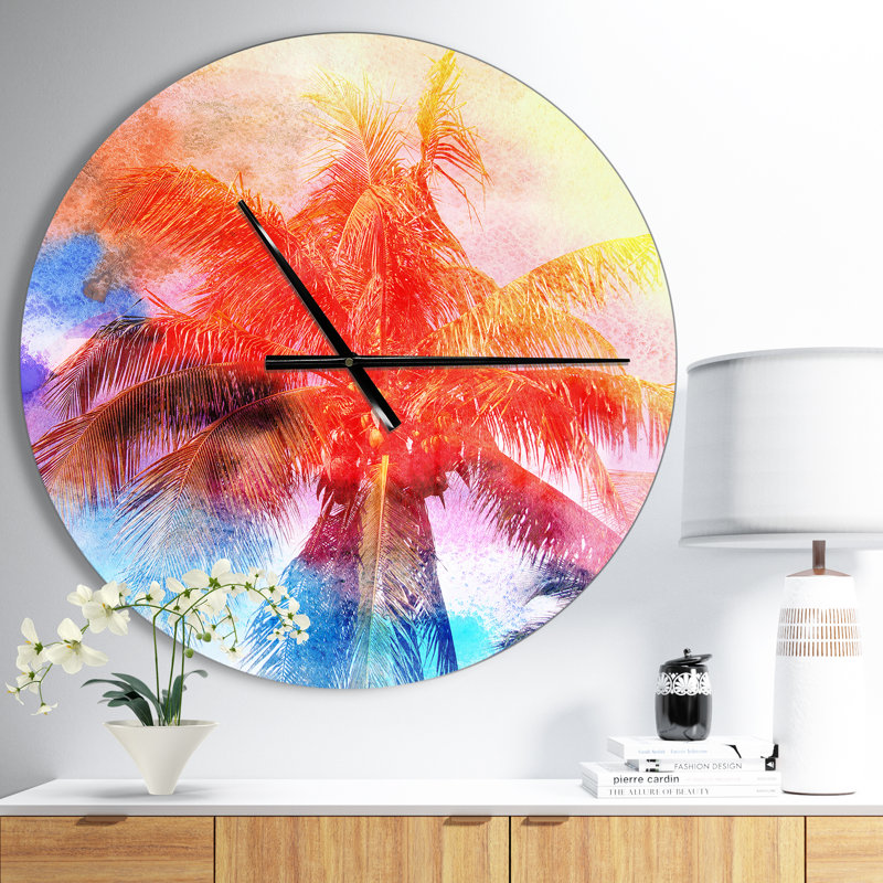 Rétro palmiers rouges, aquarelle - horloge murale moderne, Moyen