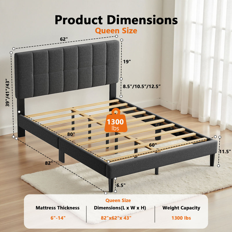 Structure de grand lit avec tête de lit ajustable, structure de lit plateforme tapissier de grande taille sans sommier, sans bruit, robuste, gris foncé