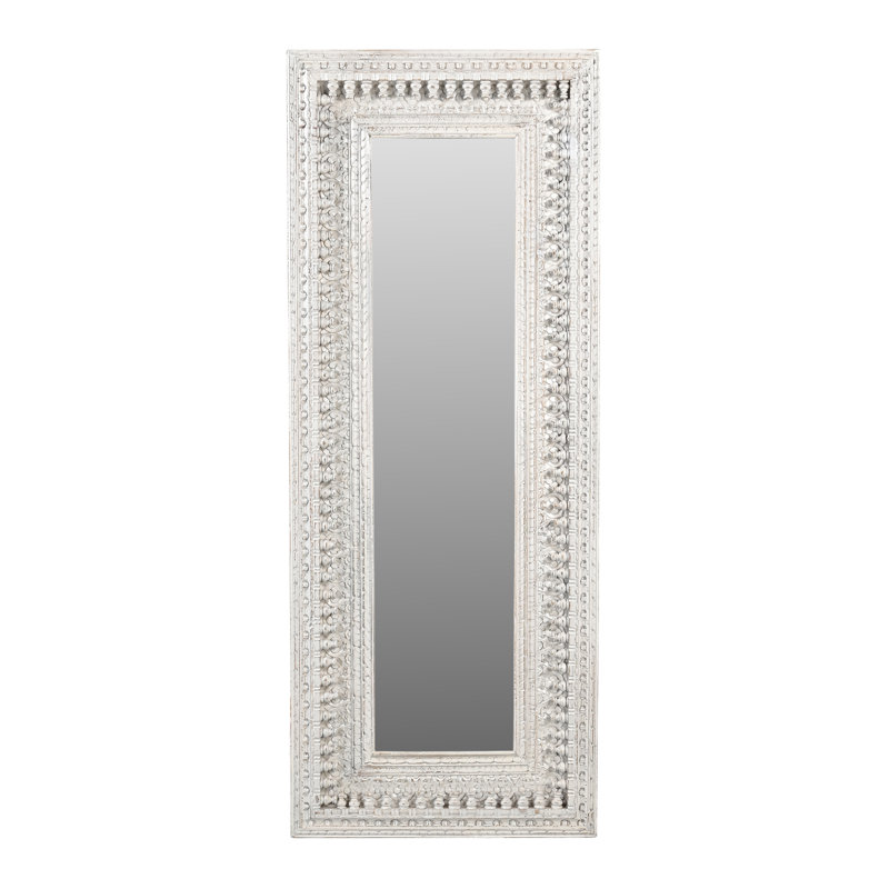 Ayla Mirror In Distressed White Finished Traditional Handcarved Solid Wood
