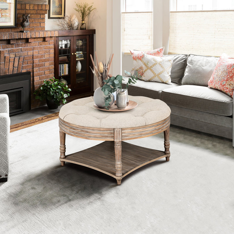 Rond - Pieds en bois massif, revêtement en lin, rangement pour le salon classique avec tablette et revêtement, décoration intérieure