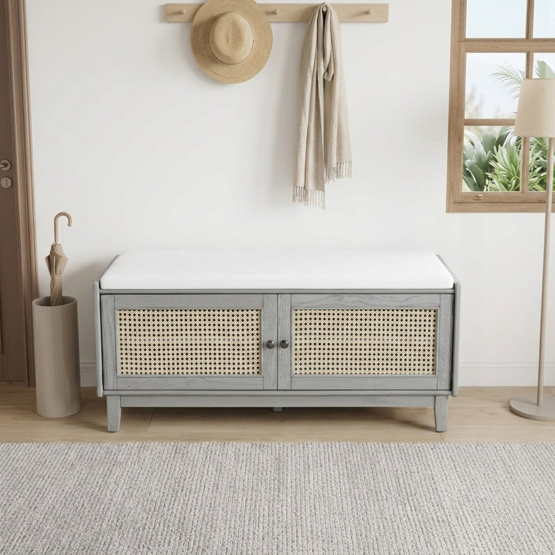 Bohemian Rattan Storage Bench with Cushion Seat Wooden Shoe Cabinet Bench for Entryway Hallway, Grey
