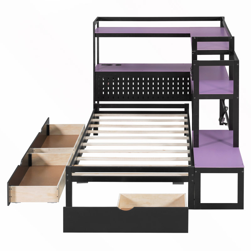 Lit de jour de jeu avec lumières DEL, bureau et rangement, Purple+Black