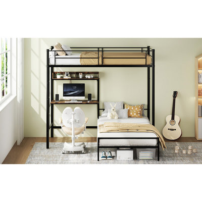 Lit superposé avec bureau et station de charge Lit superposé en L avec tablettes de rangement et bibliothèque Lit mezzanine avec barrière de sécurité et échelle pour adolescent