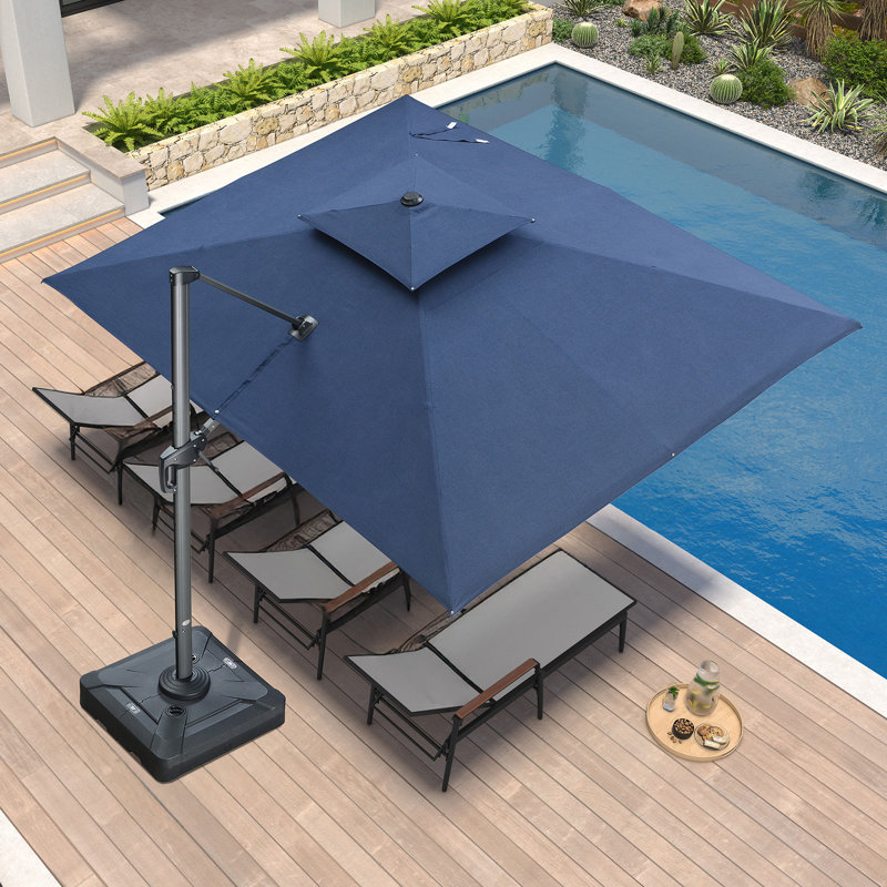 Parasol carré large et robuste 9 pi x 12 pi, extérieur en toile, tissu de qualité supérieure, avec base, bleu marine