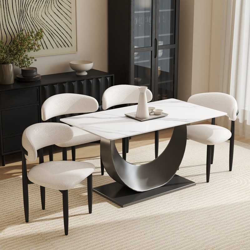 Juvan Modern Sintered Stone Dining Set, 29.21" H x 55.11" W x 31.5" D, 5 Pieces: Table, 4 Chairs, White/Black