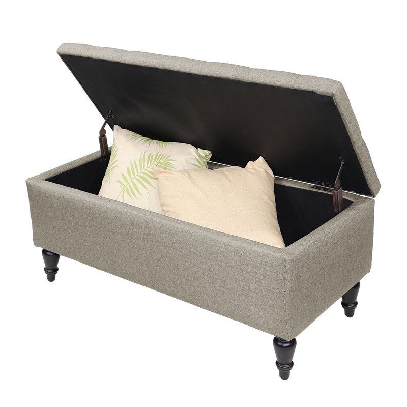 Banc de rangement rembourré avec pieds en bois massif Balcom, Beige, H 17 po x l 37,8 po x P 17 po