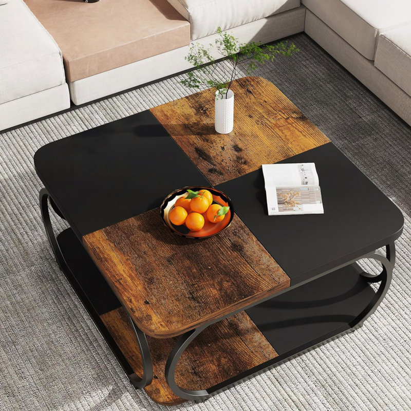Table basse carrée de 39 po avec tablette de rangement - Table basse de ferme moderne à 2 niveaux avec structure incurvée en métal robuste, table basse centrale pour le salon