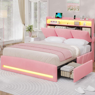 Queen Beds Upholstered Bed Frame with 4 Drawers and LED Lights
