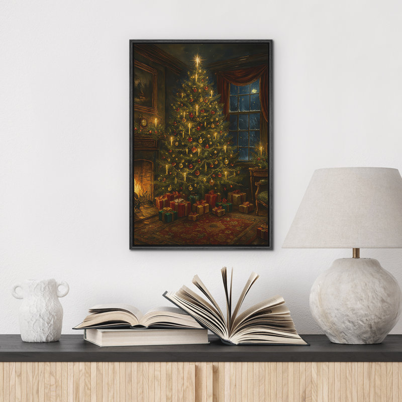 «Christmas Tree with Candlelight and Presents in Cozy Night Room», reproduction d'art sur toile encadrée dans la chambre principale