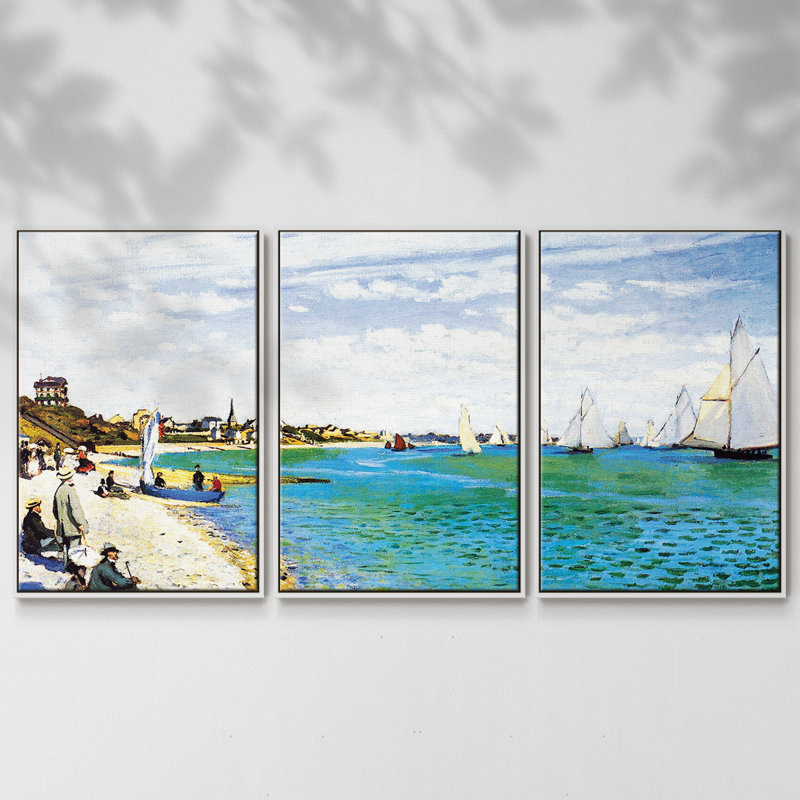 «Regatta At Saint Adresse» par Monet, reproduction sur toile 3 pièces, H 40 po x l 78 po x P 2 po, Blanc