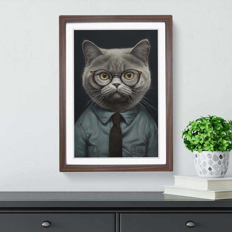 British Shorthair Cat with Glasses Painting - Framed Print, 64cm H x 46cm W x 2cm D, Walnut Framed