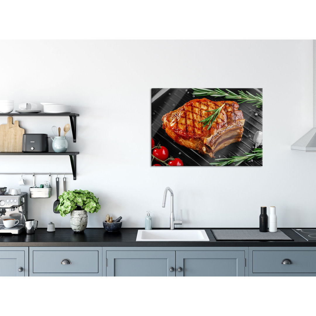 Glass picture | Mural on real glass Rump steak on grill including suspension and spacers 6310