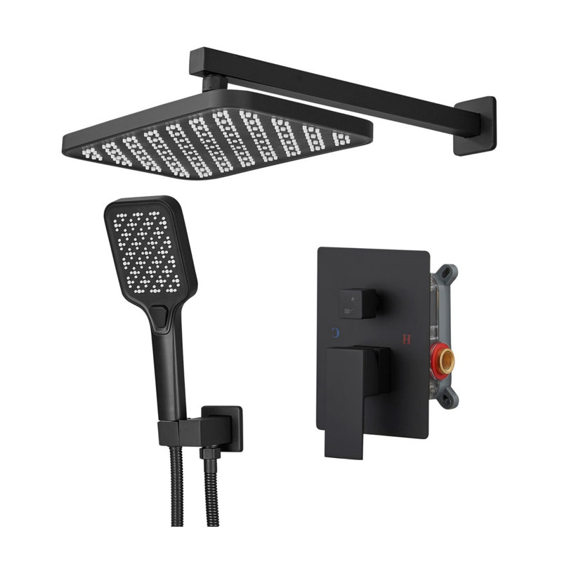 Matte Black Double-Handle Double Spray 12-Inch Square High-Pressure Shower Faucet (With Valve), Matte Black