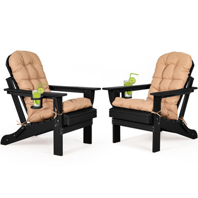 Folding Adirondack Chairs Set Of 2 With Cushion, Hdpe Oversized Patio Chair Weather Resistant