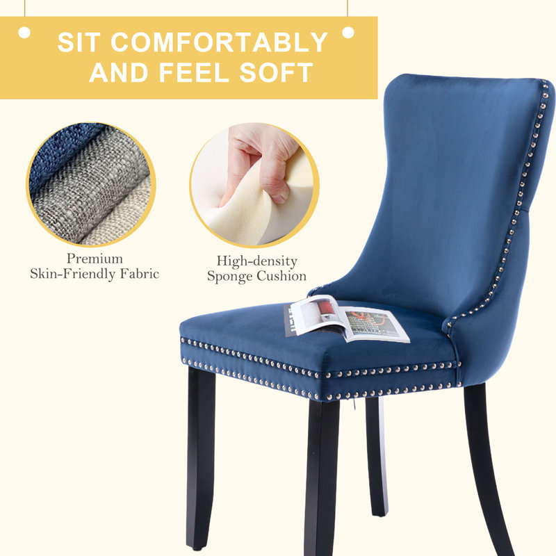 Blue Velvet Upholstered Dining Chairs with Nailhead Trim, Set of 6