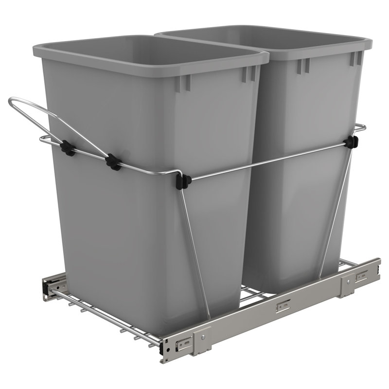 Metallic Silver Double Pull-Out Trash Can for Kitchen Cabinets