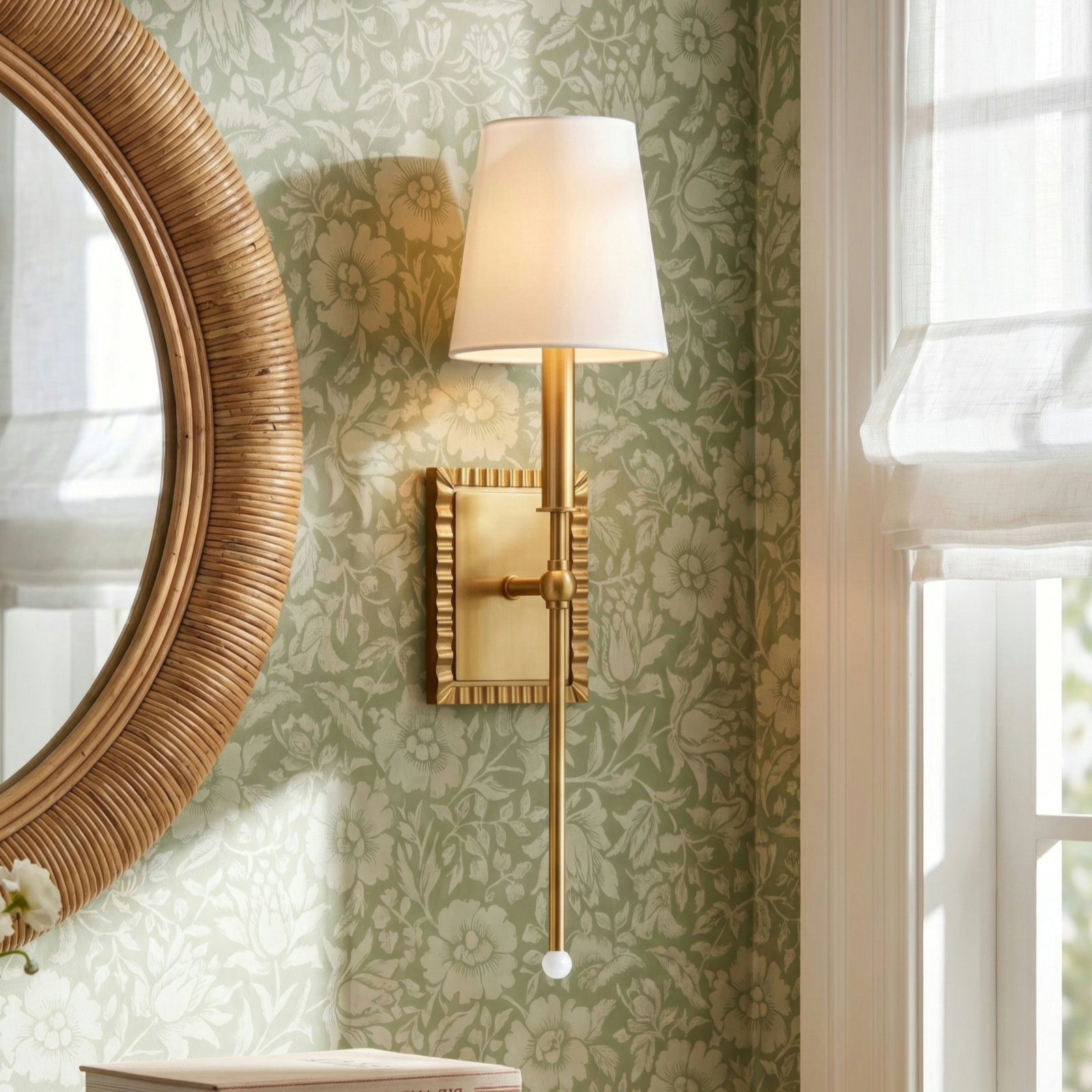 Tavernier Single Light Dimmable Armed Sconce, Burnished Brass