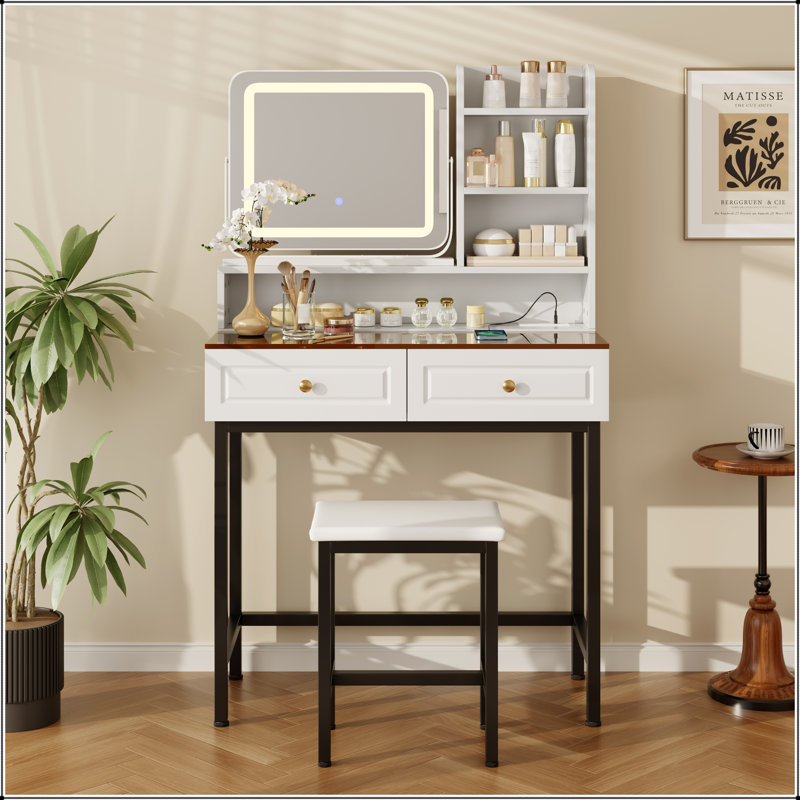 Makeup Vanity with LED Lighted Mirror, 360° Rotatable, 2 Drawers, Power Outlet, 3-Tier Shelves, Amber Glass Top, Metal Legs, and Stool