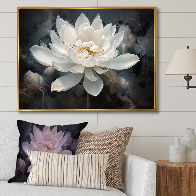 Serenity Blossum Lotus - art mural Lotus, Reproduction avec cadre flottant, H 24 po x l 32 po, Doré