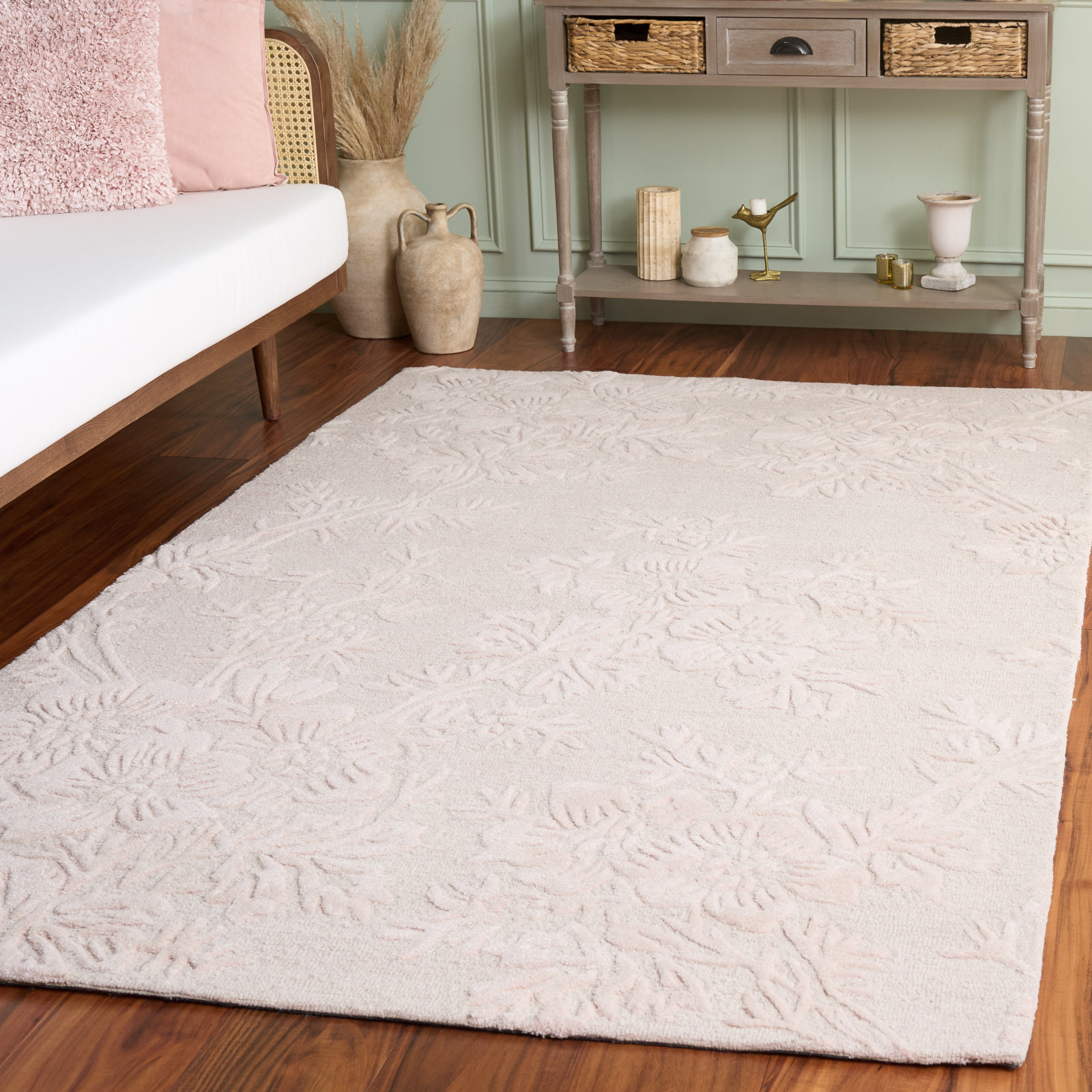 Light Pink Hand-Tufted Floral Wool Rug, Rectangle 5' x 8'