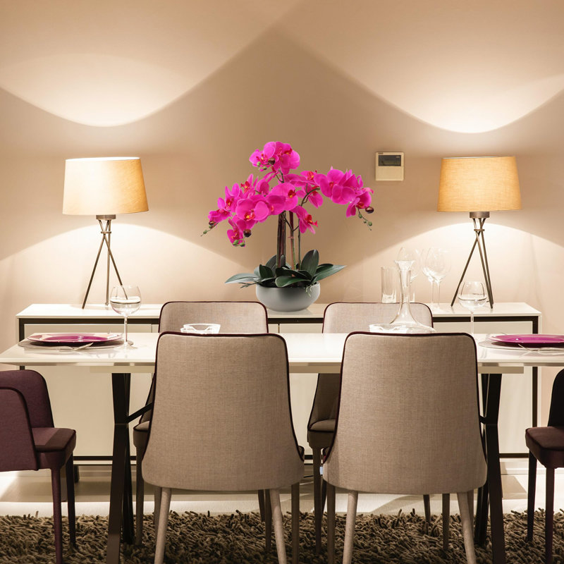 Ensemble de 3 orchidées phalaenopsis fuchsia de 20 po | Arrangements floraux artificiels dans des pots ronds gris - Décor moderne de plusieurs pièces