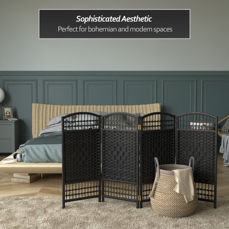 Short Fiber Weave Folding Screen, Black, 4, 23.5"H