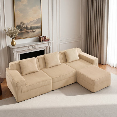 Modular 3 Seat L Shape Sectional Boneless Sofa, Cloud Sectional Couch With Deep Seat, Modern Modular 3-Seat Sofa Couch With 1 Movable Ottoman, Corduroy Fabric