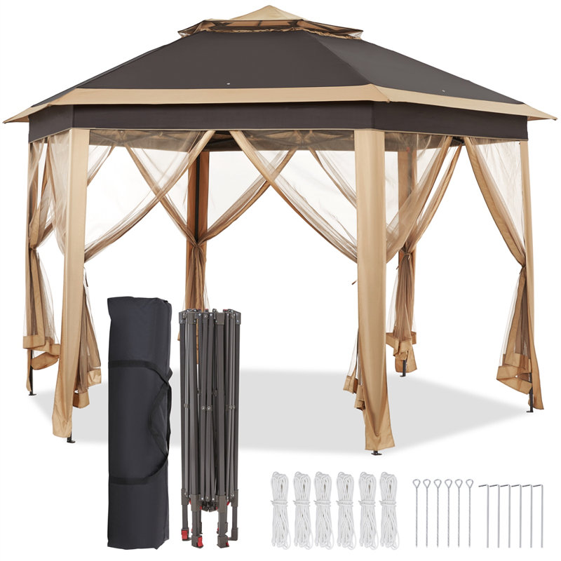 13 Ft. W x 11 Ft. D  Slolar Powered Metal Patio Gazebo with Sidewalls, Brown/Khaki
