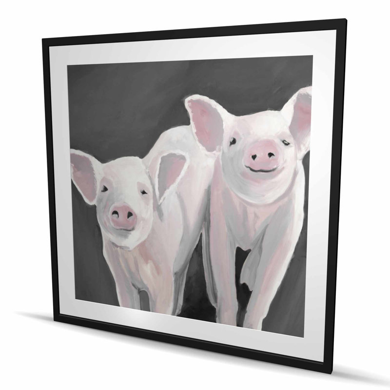 Deux petits porcelets - impression rustique encadrée avec passe-partout rose