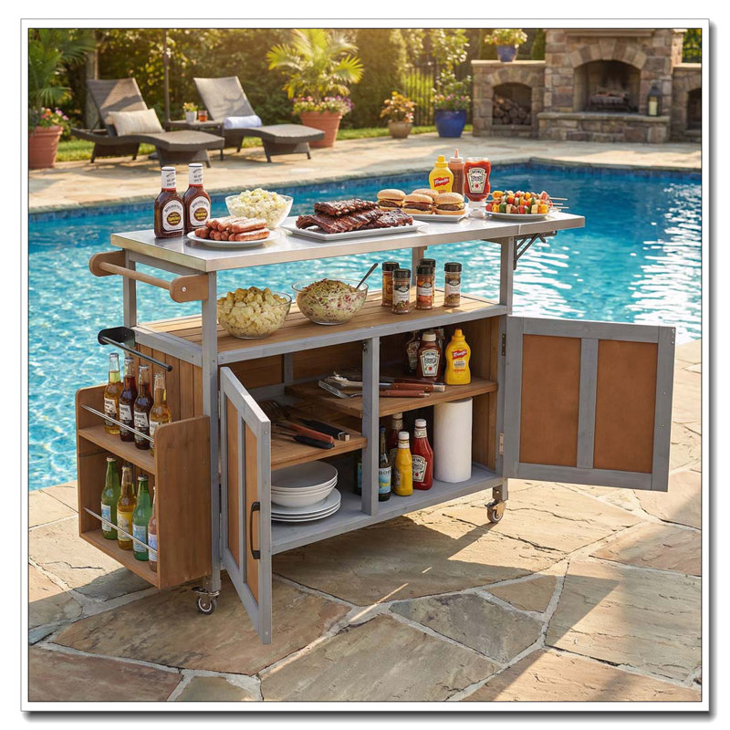 Foldable Outdoor Kitchen Island Patio Mobile Kitchen Cart Portable Outdoor Cooking Island with Lockable Wheels, Espresso,Grey