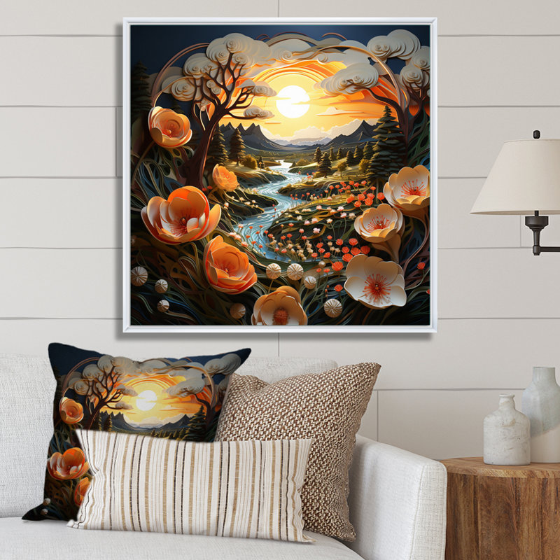 Sunset Golden Meadow Collage I - Landscapes Wall Decor, H 36 po x l 36 po x P 1,5 po, Cadre flottant blanc