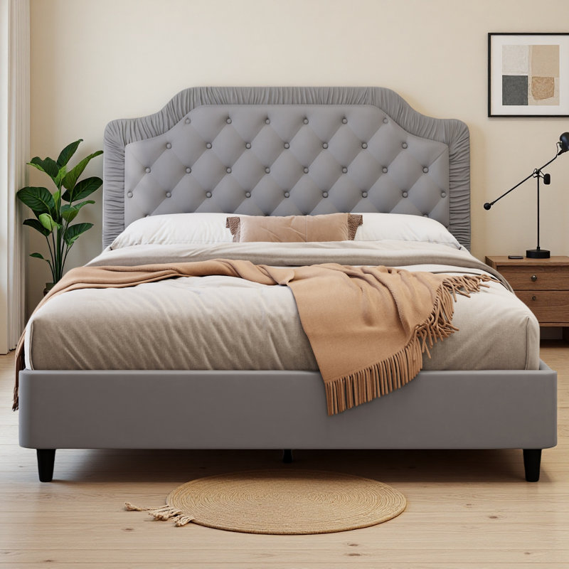 Lit rembourré avec tête de lit froncée et capitonnée, pas de sommier tapissier, velours, Gris, Lit double