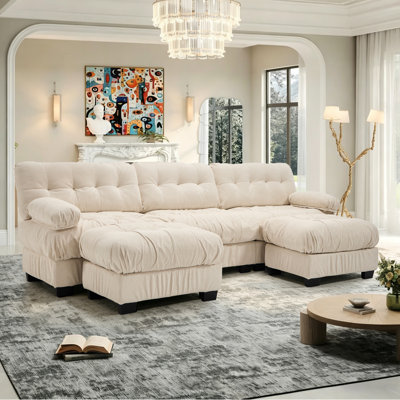 123.00" W Modular U-Shaped Flannelette Sectional Sofa, Large Convertible Couch with 2 Pillows, 3 Lumbar Pillows and 2 Movable Ottomans