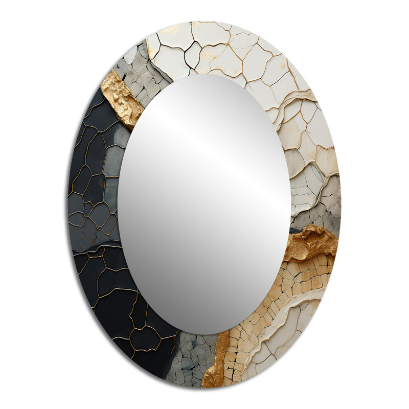 Black Gold Adorned Poteries VII - Abstract Oval Decorative Mirror On Metal, 40" x 30"