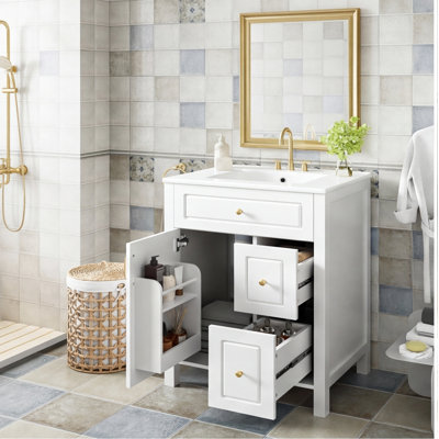Meuble-lavabo de 61 cm (24 pouces) avec lavabo en céramique – Porte à fermeture douce, 2 tiroirs et étagère de rangement double